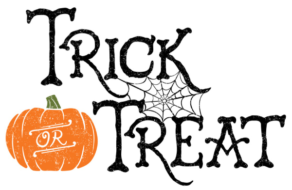 The words Trick or Treat with Spider webs and a Pumpkin