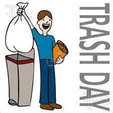 Trash Day icon with a man holding a trash bag above a trash can